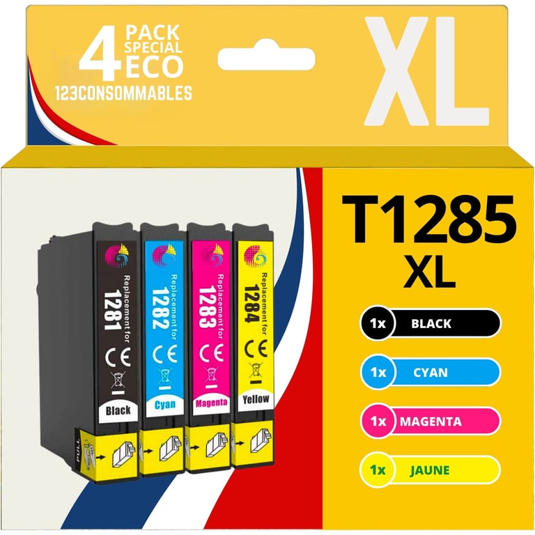 123CONSOMMABLES T1285 Cartouches d'encre Compatible avec EPSON T1285 Renard pour EPSON Stylus T22 Office BX305F BX305FW SX125 SX130 SX230 1 / 1 Cyan / 1 / 1 Jaune Neuf