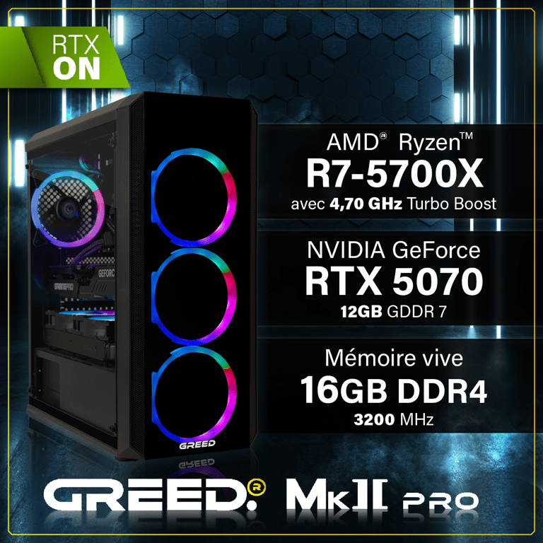 GREED MK2 Pro Gaming PC / Ordinateur AMD Ryzen 7 Nvidia Geforce RTX 5070 RAM DDR4 SSD PC Gamer avec WiFi + Windows 11 Pro Neuf - vue 3