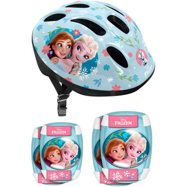 Set protection REINE DES NEIGES RN246507 casque réglable 50/56 cm coudières et genouillères Frozen bleu clair/rose