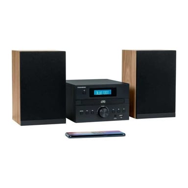 Microsistema Bluetooth - THOMSON - Madera/Negro - Radio FM/CD/MP3/USB, 20 W RMS, Sintonizador FM RDS, Toma de auriculares, Mando a distancia, Alimentación 230 V