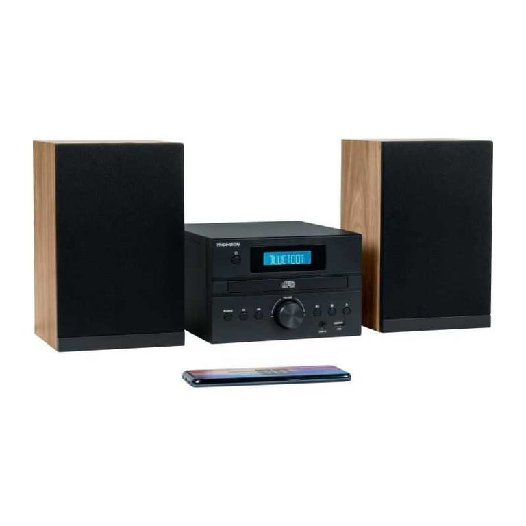 Chaîne Micro Hi-Fi Thomson Wood/Black : CD, USB, Bluetooth, FM RDS 20 présélections, 2x10W RMS + télécommande - Neuf