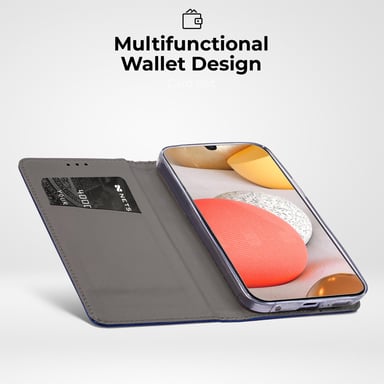 Moozy Case Flip Cover pour Samsung A42 5G, Bleu foncé - Étui à rabat magnétique intelligent avec porte-carte et support