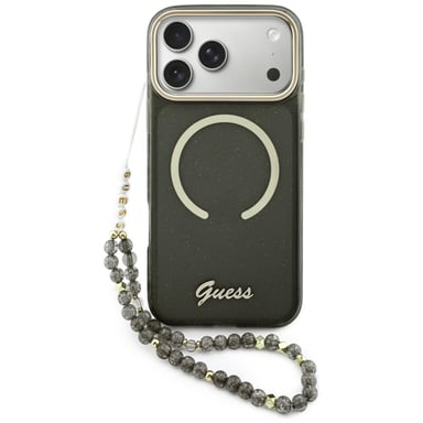 Custodia Guess IML Glitters Script Strap MagSafe per iPhone 17, nera