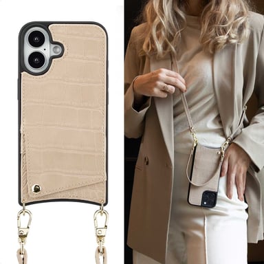 Selencia Coque de télephone Nova Croco avec cordon et porte-cartes pour Apple iPhone 16 - Beige