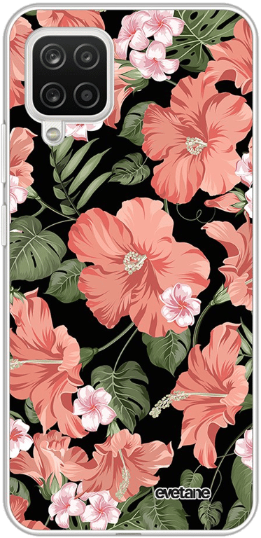 Evetane Coque Samsung Galaxy A12 souple transparente Motif Hisbiscus Corail
