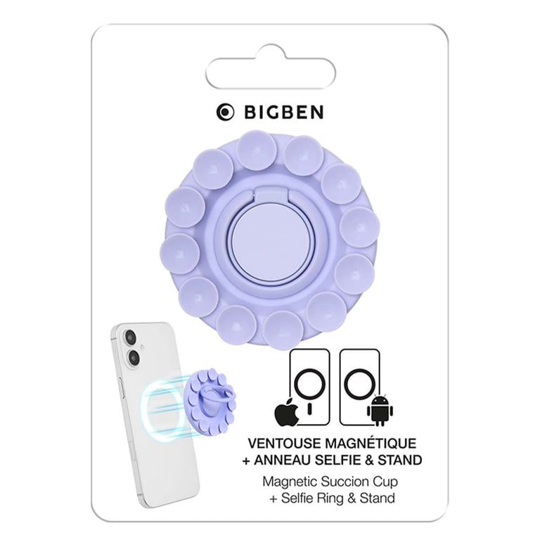 Support Smart Ring Ventouses Anneau Stand et Selfie Magnétique Lavande Bigben Neuf - vue 4