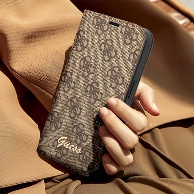 Guess Funda Folio para iPhone 14 Printed 4G Trendy Marrón
