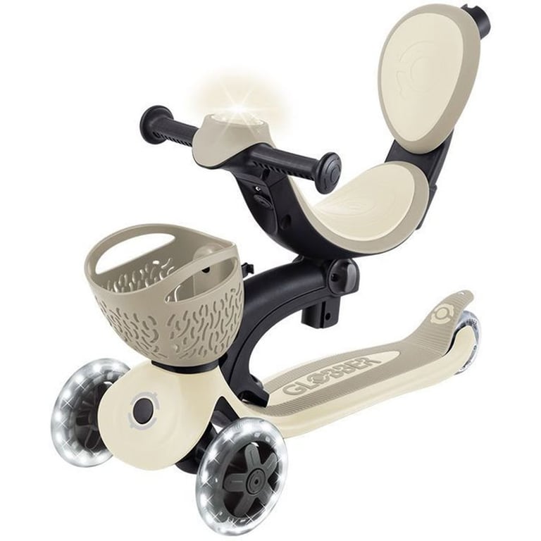 Trottinette évolutive GLOBBER GO UP Baby 360 Lights 3 roues TAUPE, 3 modes, roues lumineuses à dynamo, guidon réglable 360°, pliage en mode trottinette - Neuf