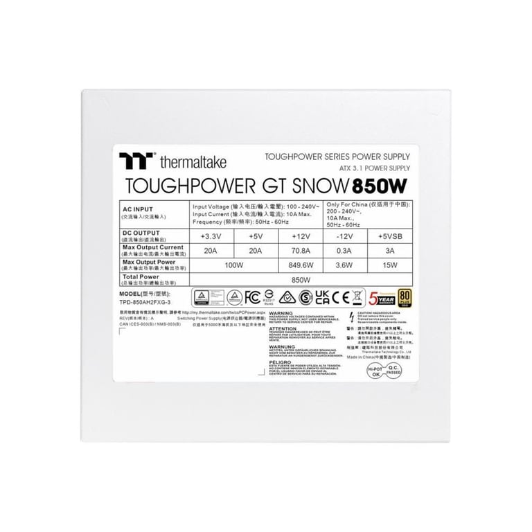 Alimentation ATX Thermaltake Toughpower GT Snow 850W 80+ Gold Full modulaire ATX 3.1 Blanc - Neuf