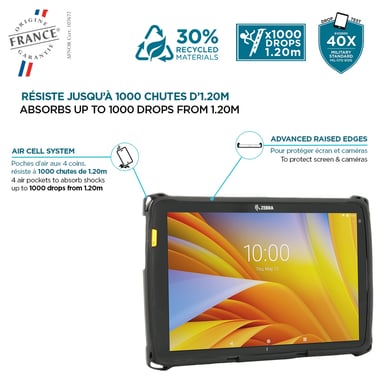 Custodia per tablet Zebra ET40 ET45 10'', protezione militare rinforzata, Made in France, accessori di ricarica compatibili, antimicrobico, nero