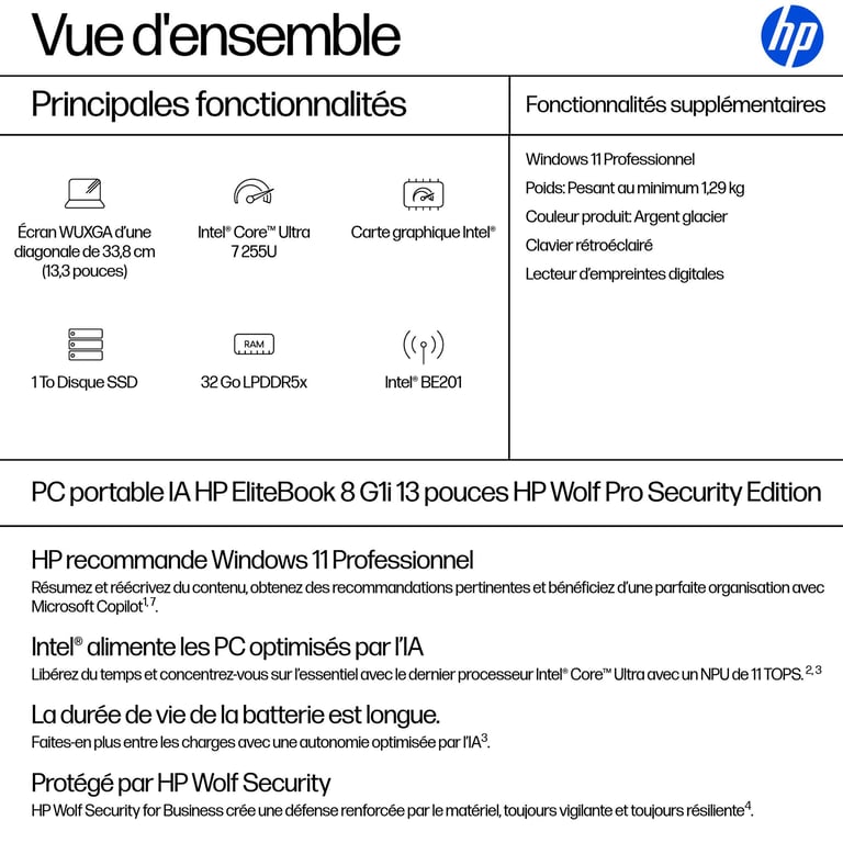 HP EliteBook 8 G1i Notebook AI Conception de charnière à 174 degrés Intel Core Ultra 7 / jusqu'à 5.2 GHz Win 11 Pro Intel Graphics RAM SSD NVMe 13.3 IPS HP... - vue 4