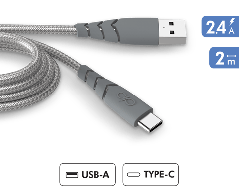 Câble Ultra-renforcé USB A/USB C 2m 3A Garanti à vie Gris - 100% Plastique recyclé Force Power