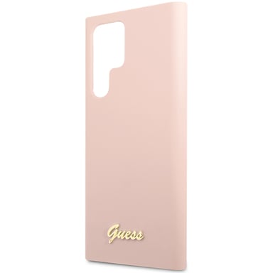 Funda Guess de silicona con logo metálico « Script » para Samsung S23 Ultra, rosa