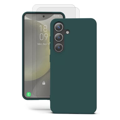 EVETANE Coque Samsung Galaxy S24 + Silicone Liquide Verte + 2 Vitres en Verre Trempé Protection écran