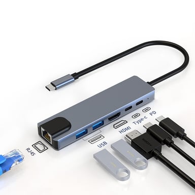 Adaptador multipuerto USB-C USB-A, USB-C, HDMI, RJ45 Grey