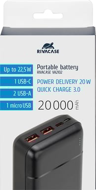 Rivacase Powerbank 20000mAh 2 USB-A/USB-C QC 3.0/PD 22,5W con 4 indicadores LED Negro