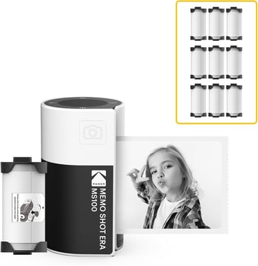 KODAK Memo Shot ERA MS100 Bundle - Stampante Fotografica Autoadesiva + 9 Cartucce - Stampa 2,7x1,8'', Bluetooth, Compatibile iOS/Android, Stampa in 25s, App KODAK Memo Inclusa - Bianco