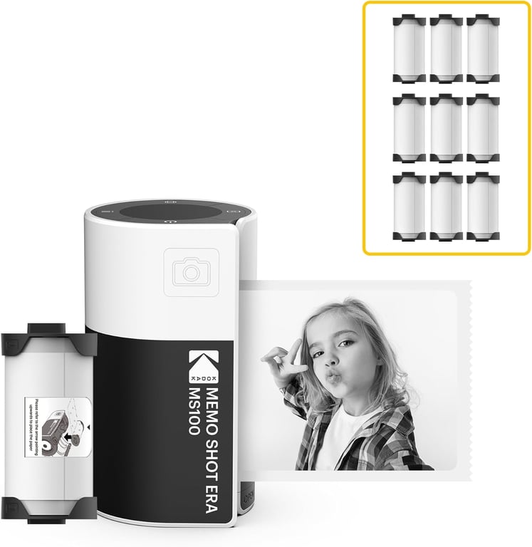 KODAK Memo Shot ERA MS100 Bundle - Imprimante Photo Autocollante + 9 Cartouches - Impression 2.7x1.8 , Bluetooth, Compatible iOS/Android, Impression en 25s, Appli KODAK Memo Incluse - Blanc - Neuf