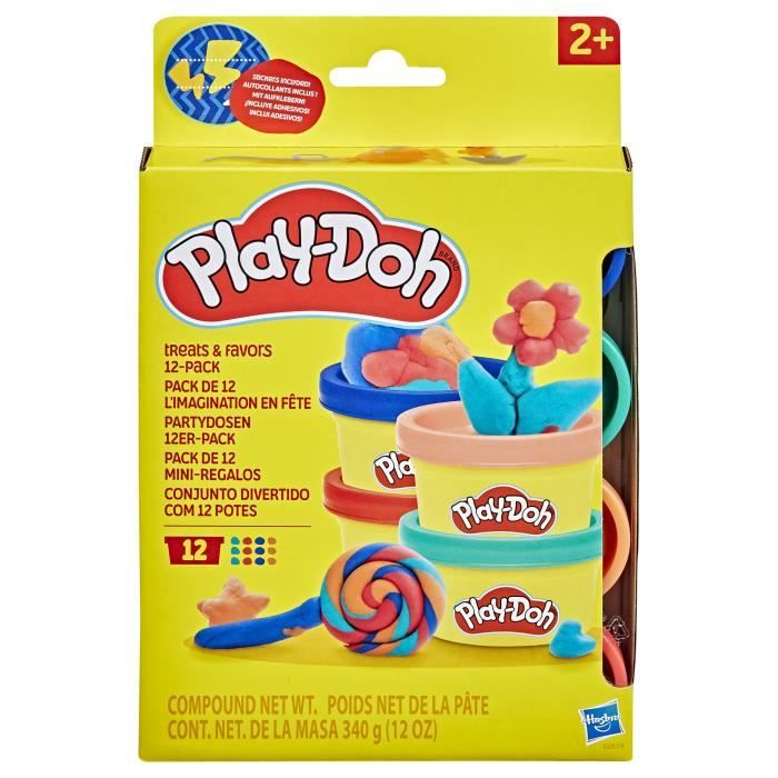 Play-Doh Pack de 12 L'imagination en fete, autocollants et pots de pâte a modeler de 28 g, petits cadeaux, loisirs créatifs pour enf - Neuf