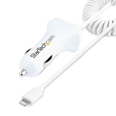 StarTech.com Cargador de Coche con Cable Rizado Lightning, Cable de 1m Rizado Lightning 12W Blanco, Cable Adaptador Cargador de Coche de 2 Puertos par