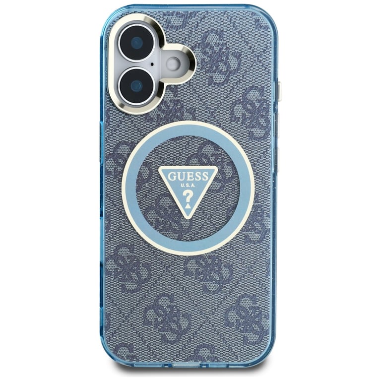 Étui Guess IML Metal Glitter 4G Circle Triangle MagSafe pour iPhone 16 bleu - Neuf