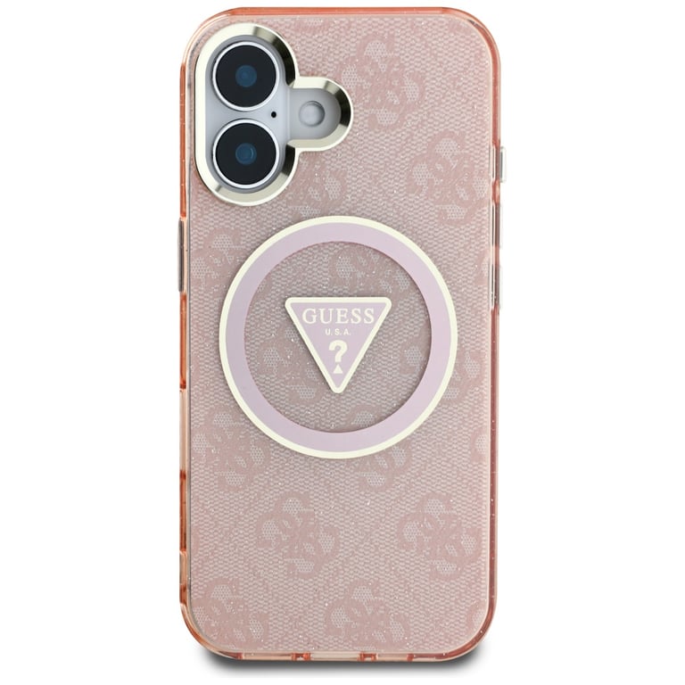Étui Guess IML Metal Glitter 4G Circle Triangle MagSafe pour iPhone 16 rose - Neuf