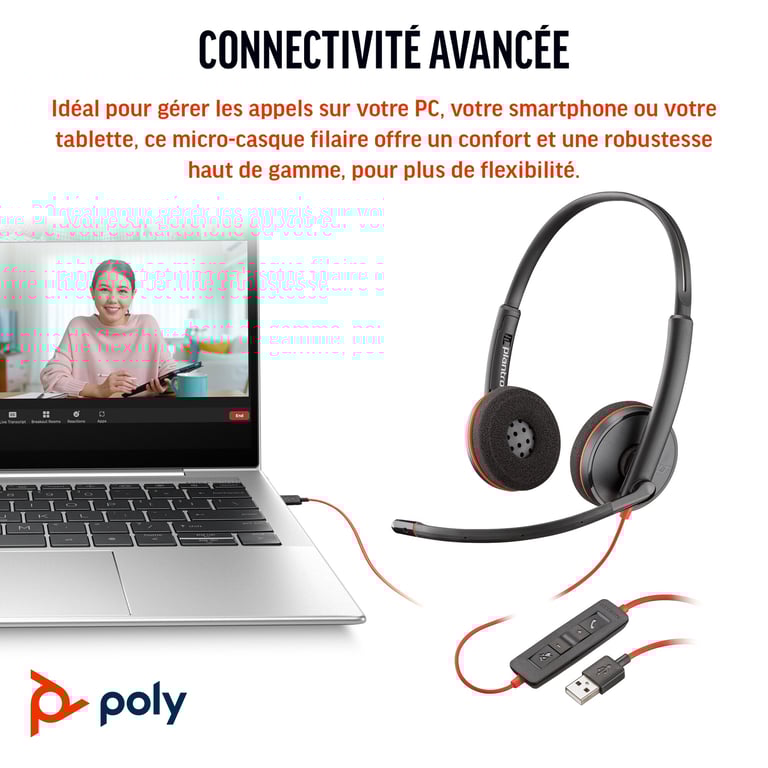 POLY Micro casque stéréo USB C Blackwire 3220 + adaptateur USB CA vlot Neuf