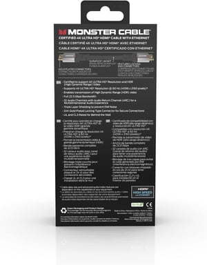 Câble HDMI Monster 1.8M - Résolution 4K - Vidéo HDR - Audio Return Channel - 22,5 GBPS - Vitesse Éclair - Triple Blindage - Homologué UL et CL3