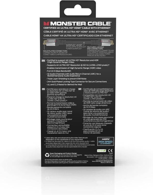 Câble HDMI Monster 1.8M - Résolution 4K - Vidéo HDR - Audio Return Channel - 22,5 GBPS - Vitesse Éclair - Triple Blindage - Homologué UL et CL3 - Neuf