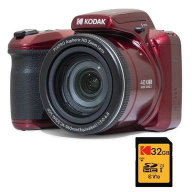 KODAK Pixpro Astro Zoom AZ405 Digital Bridge Pack + Tarjeta Kodak Ultra High Speed U1 32GB SDHC - Cámara de 20 megapíxeles, zoom X40, gran angular, LCD, vídeo Full HD 1080p, OIS, pila AA - Rojo