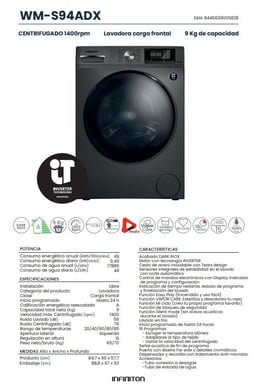Lavadora Carga Frontal Infiniton WM-S94ADX, 9 kg, 1400 rpm, A, 15 Programas, Dark Inox