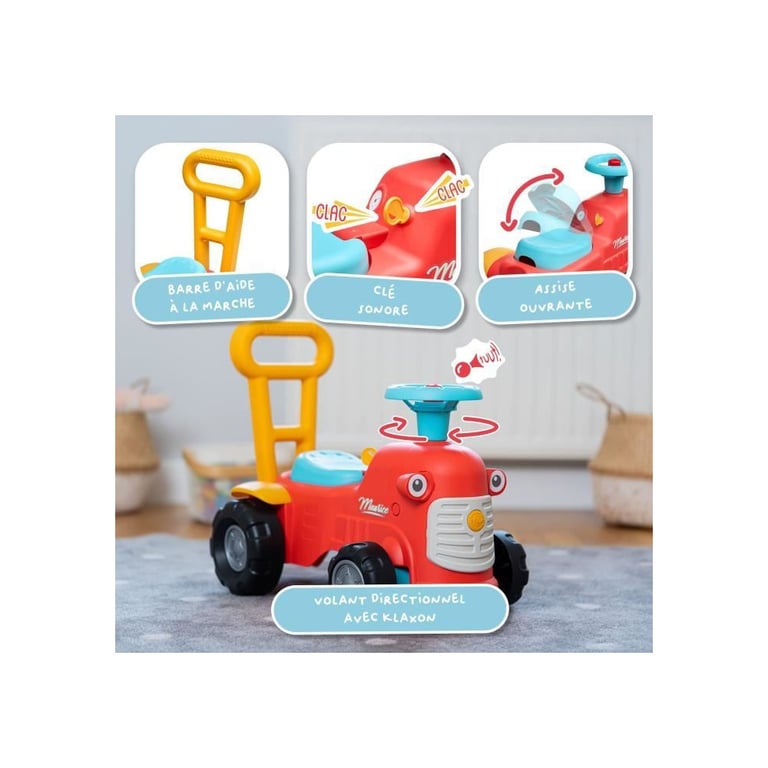 Porteur tracteur FALK Maurice volant directionnel avec klaxon assise ouvrante multicolore - Neuf
