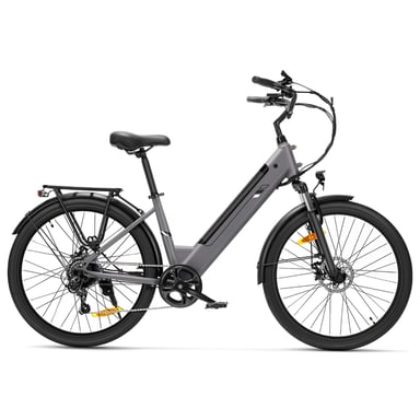 Touroll Vélo Électrique à Cadre Bas J2 ST Gris, Moteur 250W (450W Pic) 45Nm, Batterie Amovible 36V 15,6Ah, Autonomie 100km, Freins à Disque Mécaniques, Shimano 7 Vitesses, Suspension 60mm, Pneus 26”, Prise EU
