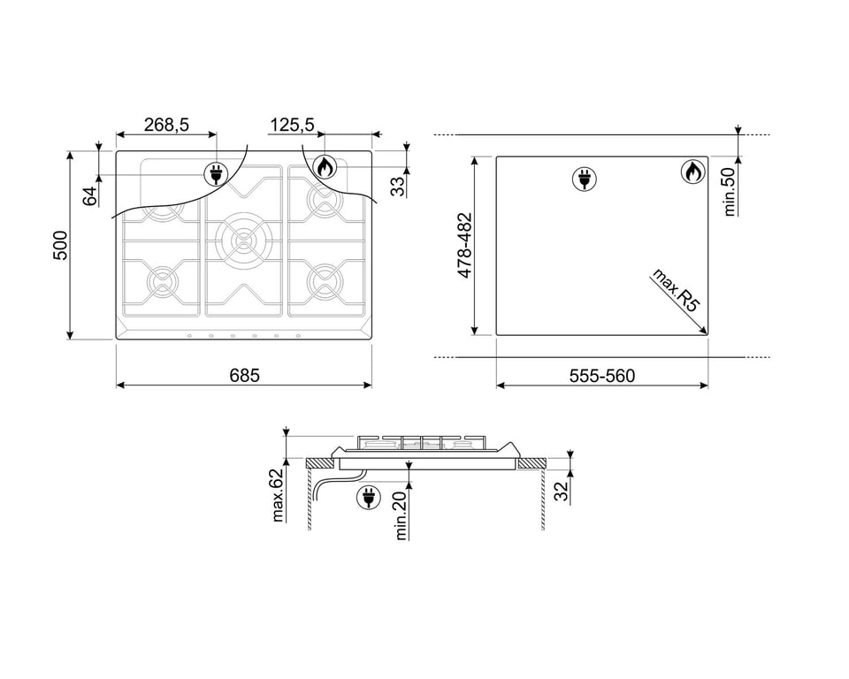 Plaque De Cuisson À Gaz Smeg SR975NGH – 5 Foyers, 70 cm, Brûleur Ultra-Rapide - vue 3