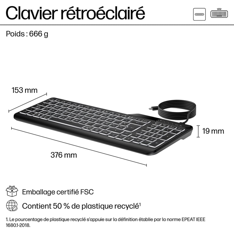 Clavier Filaire HP 405 MULTI-DEVICE BACKLIT 7N7C1AA – Rétroéclairé, USB - vue 7