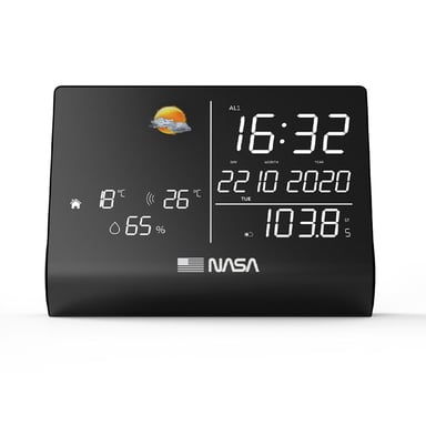 NASA WSP1300 - Estación meteorológica, altavoz Bluetooth, pantalla LCD de 6,4'', reloj/calendario/radio FM, se suministra con adaptador de CA - Negro