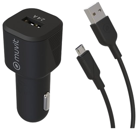 Muvit For Change Pack Chargeur Voiture 12W + Cable Micro Usb 1.2M Noir