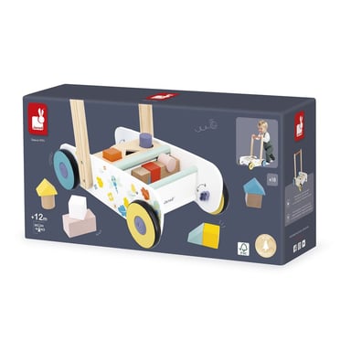 Chariot de marche en bois Janod Pure avec boîte à formes, 18 blocs, frein réglable multicolore - Neuf
