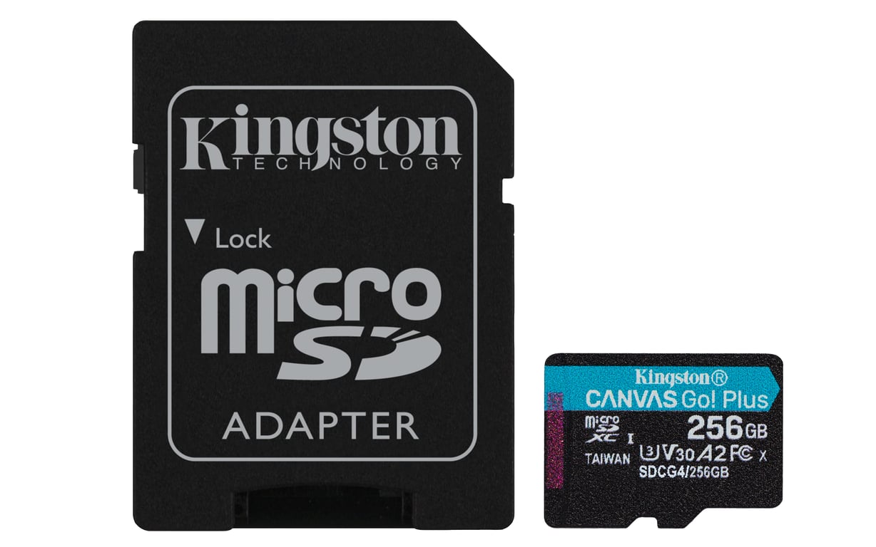 Kingston Technology Carte microSDXC Canvas Go Plus Gen4 200 Mo/s A2 U3 V30 256 Go + adaptateur - Neuf