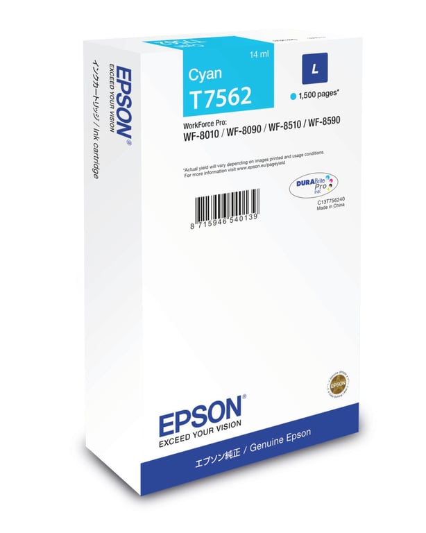 Epson T7562 14 ml taille cyan originale cartouche d'encre pour WorkForce Pro WF 8010 WF 8090 WF 8090 D3TWC WF 8510 WF 8590 WF 8590 D3TWFC - vue 2