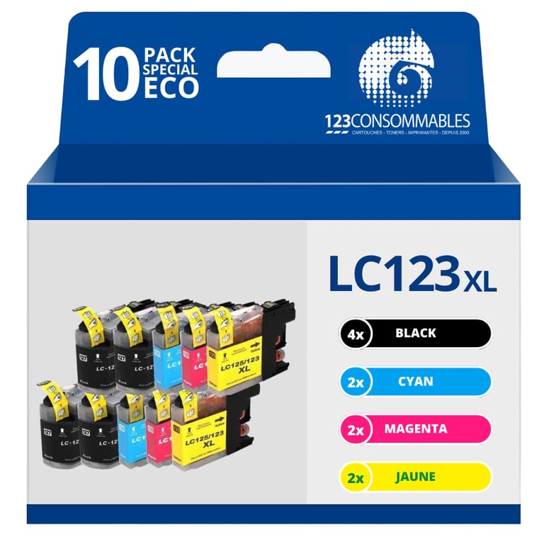 123CONSOMMABLES LC123 Pack 4 Cartouches Compatibles avec Brother LC123XL pour Imprimante DCP J132W J152W J172W J552DW J752DW J4110DW MFC J245 J6520DW J6720DW 1 / 1 Cyan / 1 / 1 Jaune Neuf