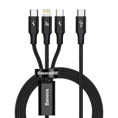 Cavo di ricarica rapida Baseus Rapid Series 3-in-1 - da USB-C a USB-C / Lightning / Micro-USB - 20 Watt - 1,5 metri - Nero
