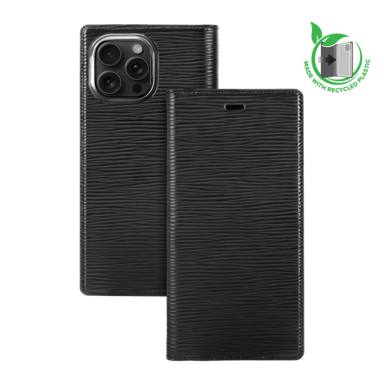 Diarycase 2.0 Coque clapet en cuir véritable avec support aimanté et fabriqué avec un étui en plastique recyclé pour Apple iPhone 16 Pro Max, Noir Minuit