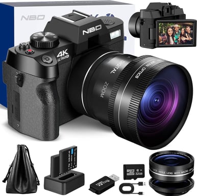 NBD S100 WM Appareil Photo numérique 4K 48 MP autofocus avec Grand Angle et Macro - Zoom 16x - Carte 32Go - 2 Battries - écran de Film 3,0'' 180° - Appareil Photo Compact pour débutant
