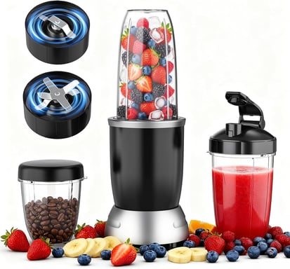 TEENDOW Blender Smoothie 2-en-1, Mixeur Électrique et Broyeur 1000 W, 1200 W Max, 3 Gobelets, Noir