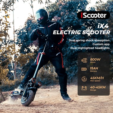 iScooter - Trottinette électrique iX4 avec pneus tout-terrain de 10 pouces, moteur 800 W, batterie 48 V 15 Ah, vitesse de pointe de 45 km/h, autonomie de 45 km, contrôle par application
