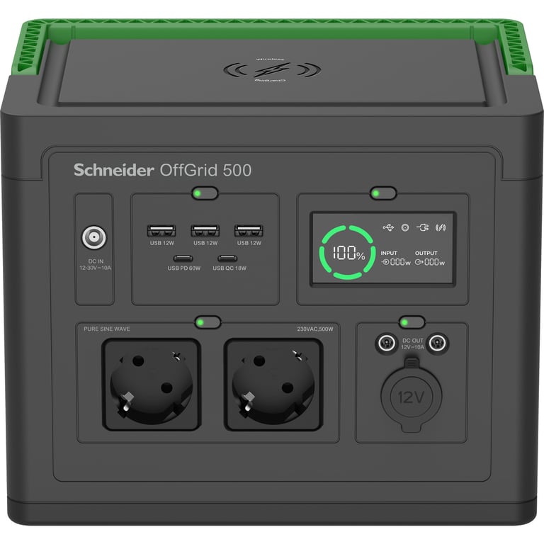 Schneider OffGrid 500 Centrale électrique portable LCD lithium ion 2 prises schuko CEE 73 onde sinusoïdale 3 USB A 2 USB C chargeur sans fil AC 195 265 / DC 12 30 V 500 Watt ... - vue 3