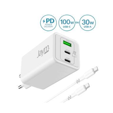 JAYM® Pack Chargeur GaN 100W + Câble USB-C 2m   3 Ports (2xUSB-C, 1xUSB-A) Charge Rapide PD pour MacBook Pro, PC Portable, iPad Pro M4, iPhone 17/16, Samsung S26/S25