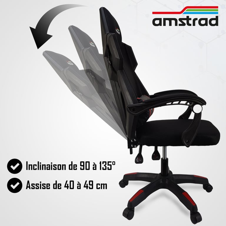 Amstrad AMS-209 Chaise de bureau ou gaming tissu type mesh / maille  respirante - coloris noir & rouge - Coussin lombaire - Amstrad