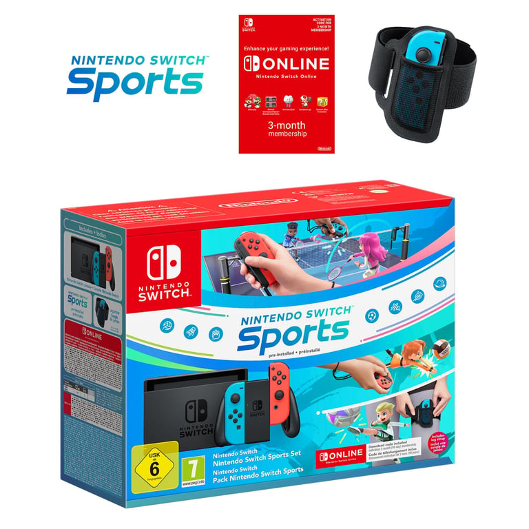 Switch & Nintendo Switch Sports (Pré-installé) + 3 mois d'abonnement NSO (Code), Bleu Néon & Rouge
